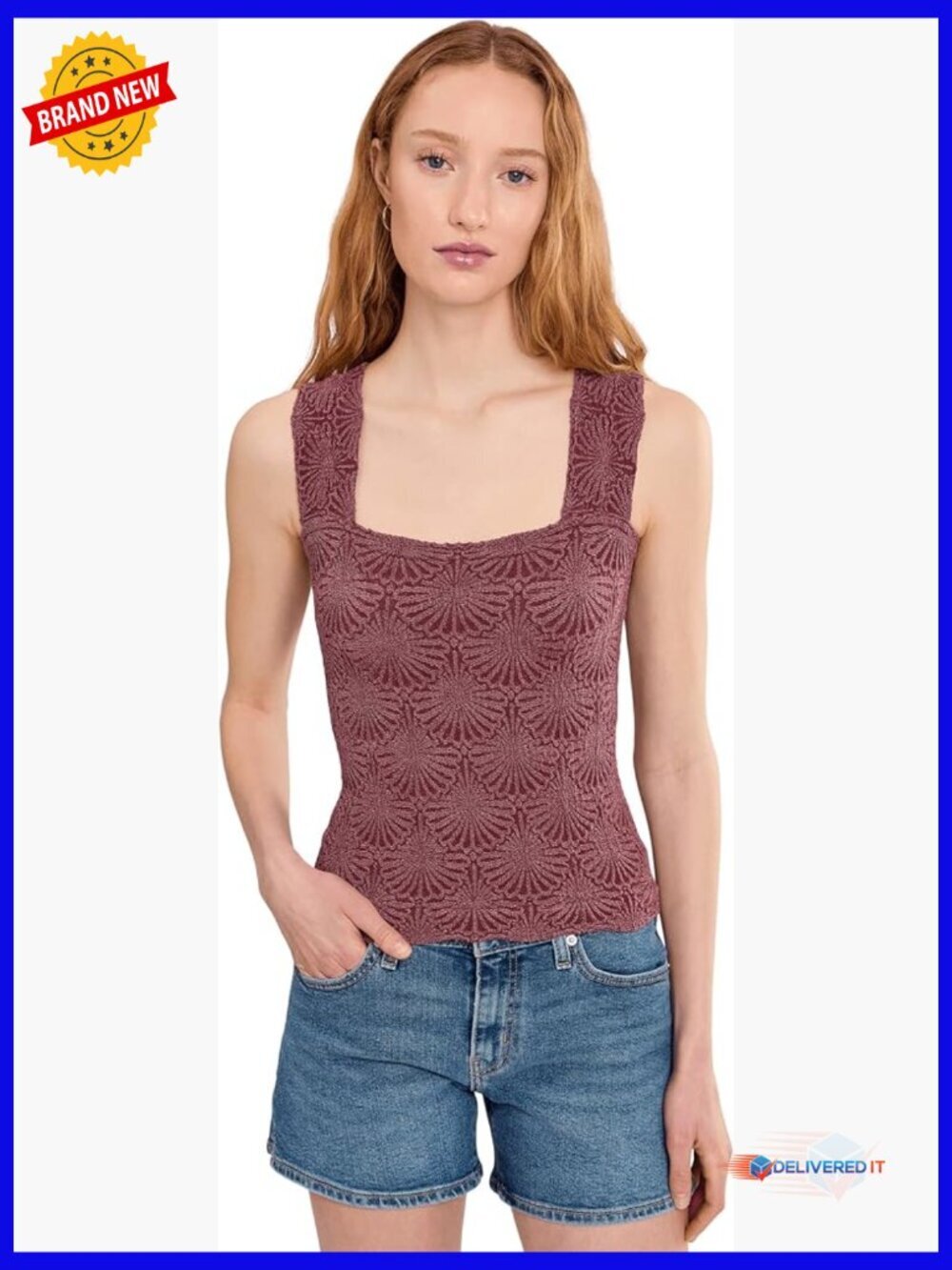 Lace-Trim Crop Cami with Floral Jacquard & Lettuce Hem